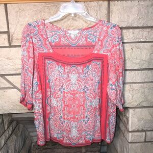 Lucky Brand Womens XL Red Blue Paisley Square Neck Short Puff Sleeve Smocked Top